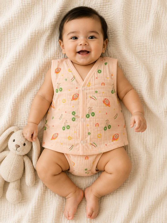 Wildlings Sleeveless Front open Jabla | Assorted Prints | 100% Muslin Cotton | Newborn Baby Wear