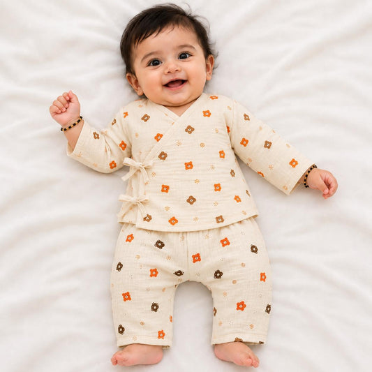 Safari Tales Muslin Cotton Angharkha Jabla Pant Set, Bear Print