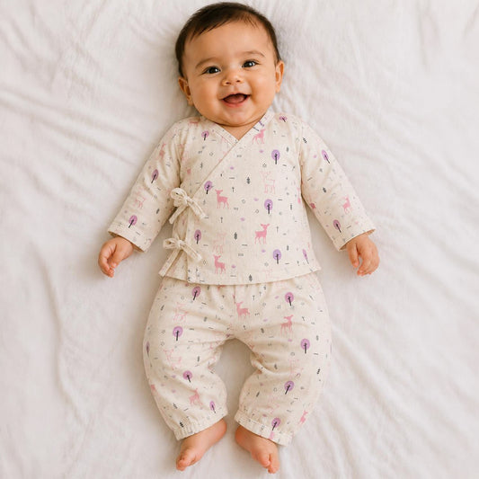 Safari Tales Muslin Cotton Angharkha Jabla Pant Set, Deer Print