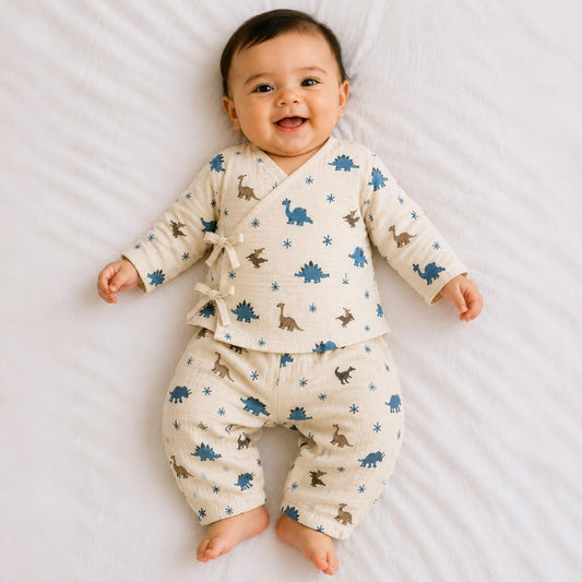 Safari Tales Muslin Cotton Angharkha Jabla Pant Set, Dino Print