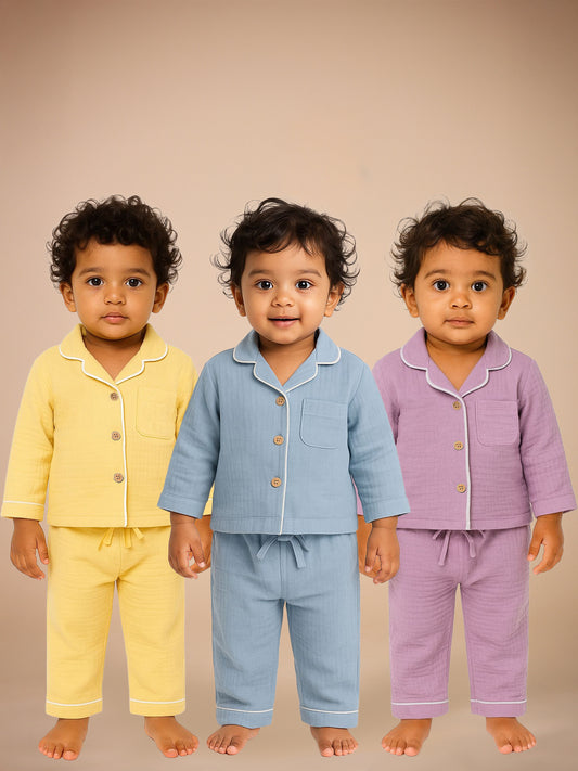 Set of 3Lilac,Yellow & Blue Crinkle Muslin Nightsuit | Unisex