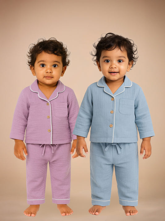 Set of 2 Lilac& Blue Crinkle Muslin Nightsuit | Unisex