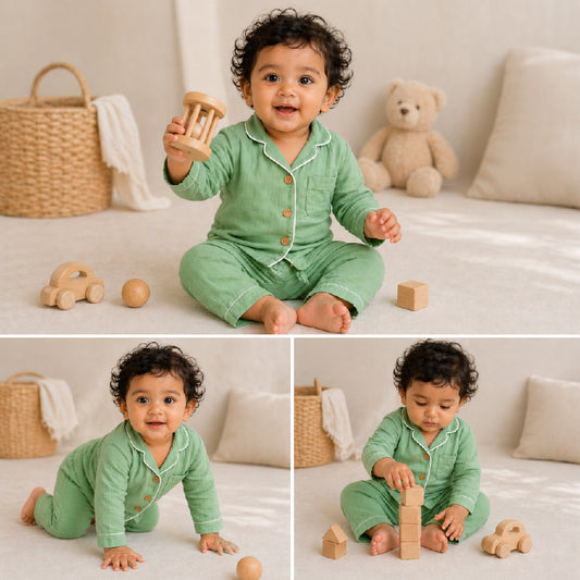 Green Crinkle Muslin Nightsuit | Unisex