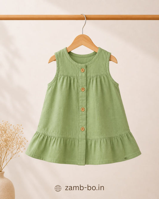 Sage Lily-Crinkled Muslin A-line Sleeveless Frock