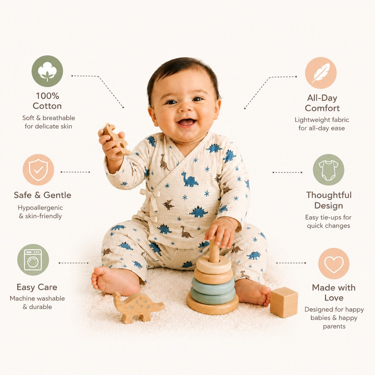 Safari Tales Muslin Cotton Angharkha Jabla Pant Set, Dino Print