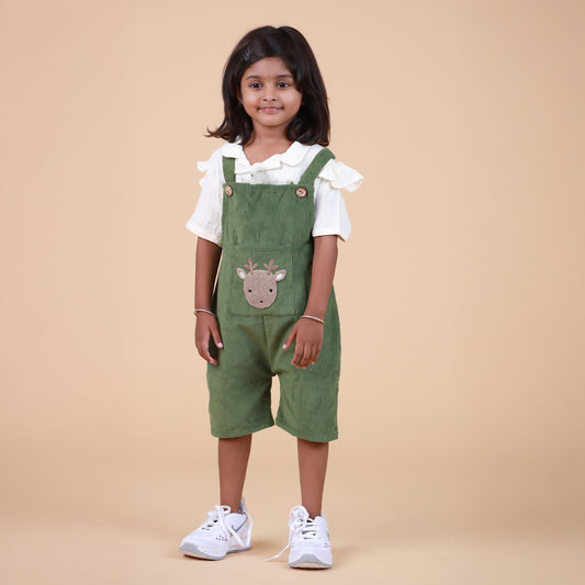 Ivory & Green Dungaree with cute Embroidery