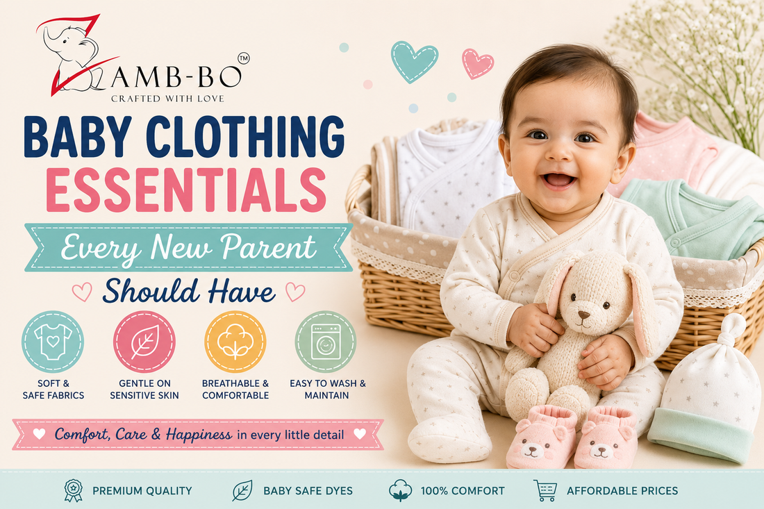 Baby clothing essentials including cotton jablas, rompers, muslin clothes, nightsuits, caps and mittens for newborn babies