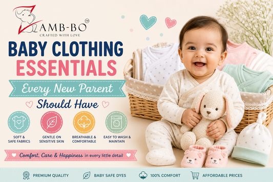 Baby clothing essentials including cotton jablas, rompers, muslin clothes, nightsuits, caps and mittens for newborn babies