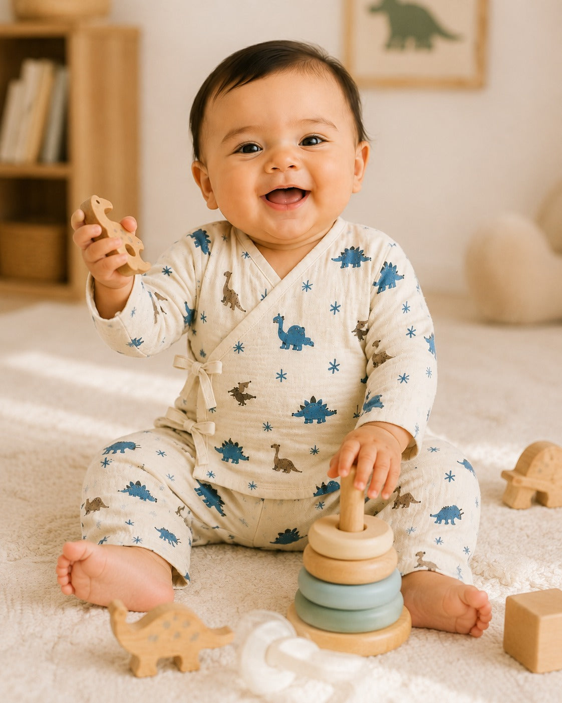 Safari Tales Muslin Cotton Angharkha Jabla Pant Set, Dino Print