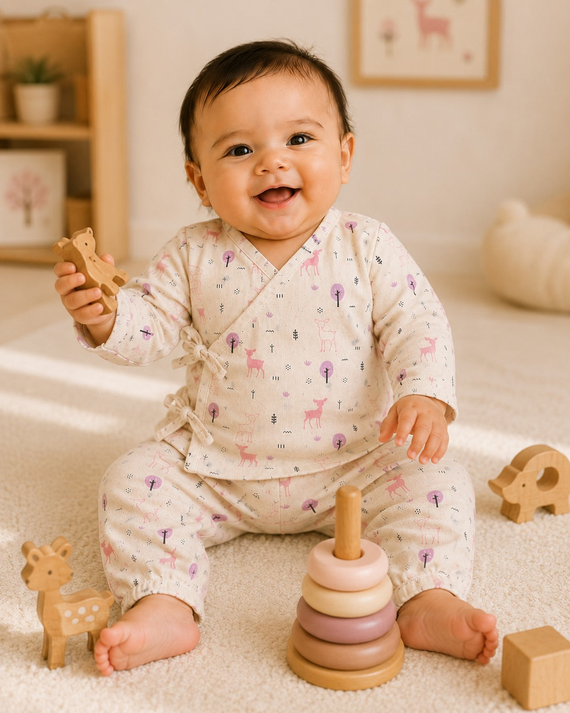 Safari Tales Muslin Cotton Angharkha Jabla Pant Set, Deer Print