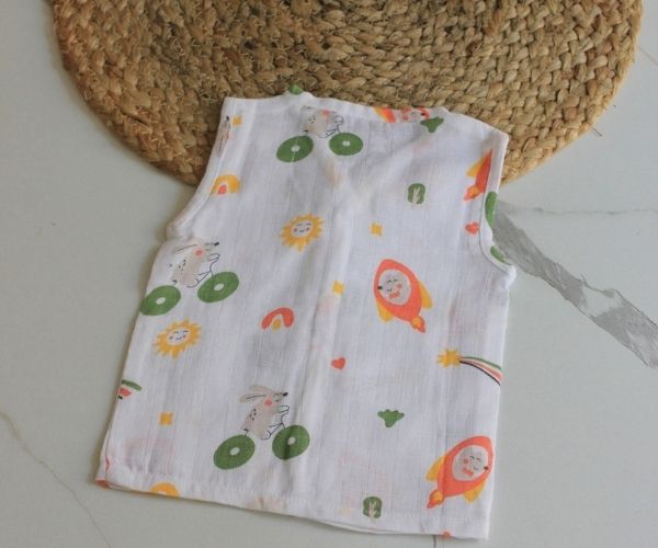 Wildlings Sleeveless Front open Jabla | Assorted Prints | 100% Muslin Cotton | Newborn Baby Wear