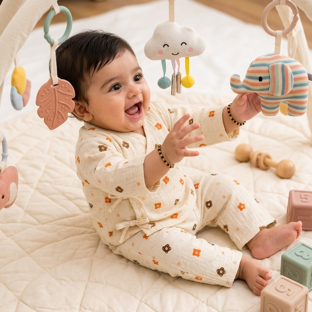 Safari Tales Muslin Cotton Angharkha Jabla Pant Set, Bear Print