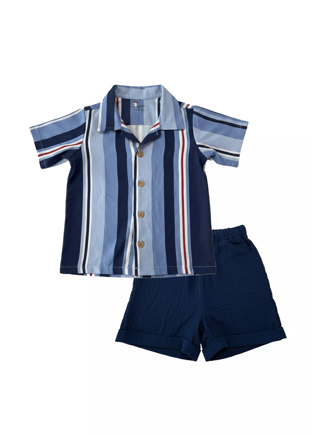 Organic cotton blue striped shirt & Crinckled muslin shorts for boys