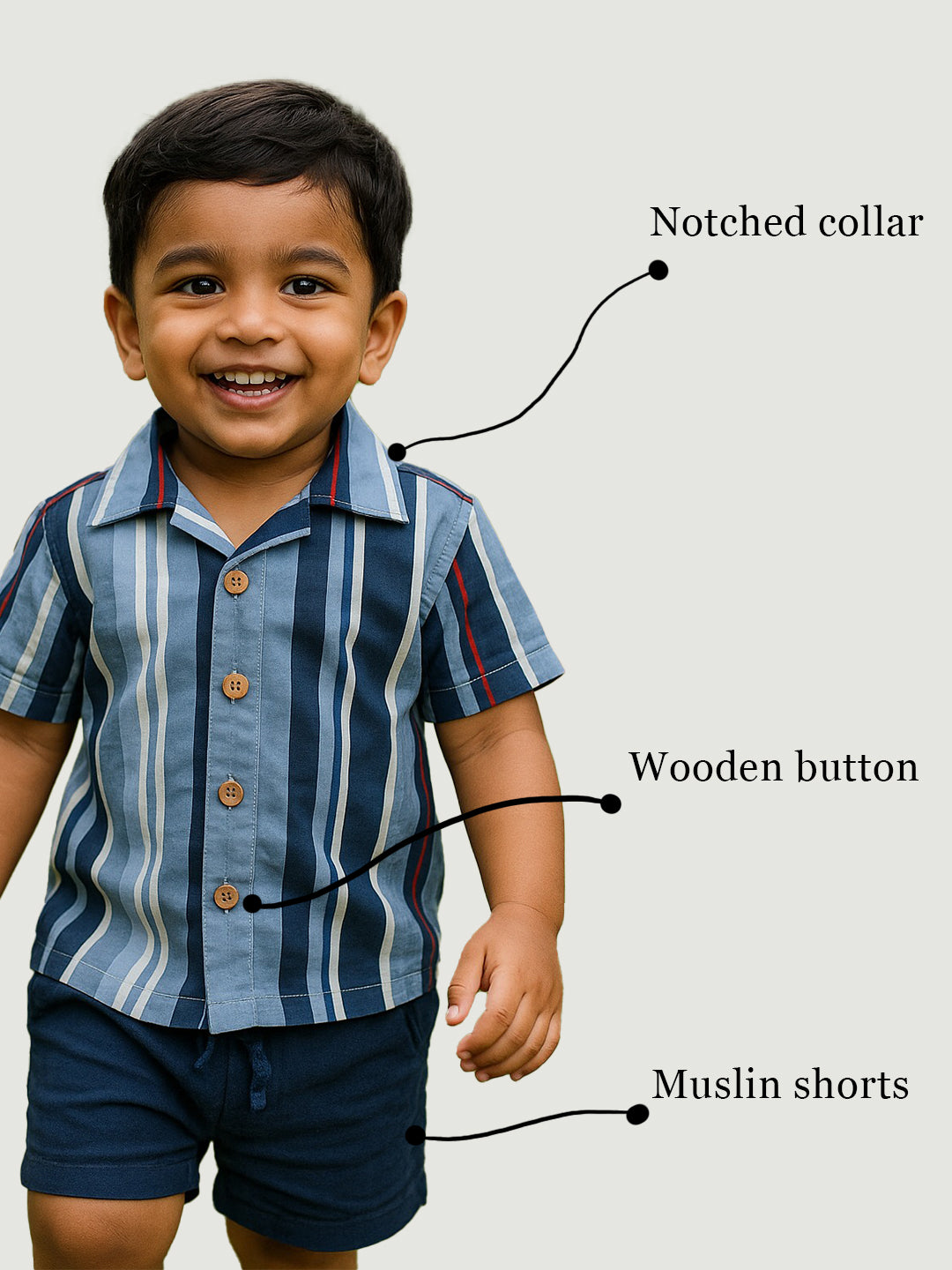 Organic cotton blue striped shirt & Crinckled muslin shorts for boys