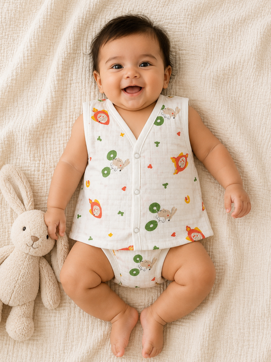 Wildlings Sleeveless Front open Jabla | Assorted Prints | 100% Muslin Cotton | Newborn Baby Wear