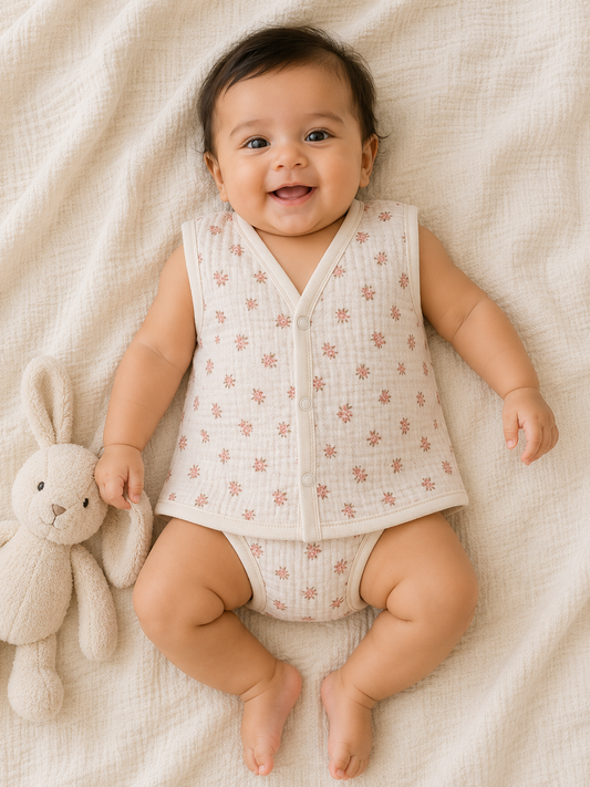 Wildlings Sleeveless Front open Jabla | Assorted Prints | 100% Muslin Cotton | Newborn Baby Wear