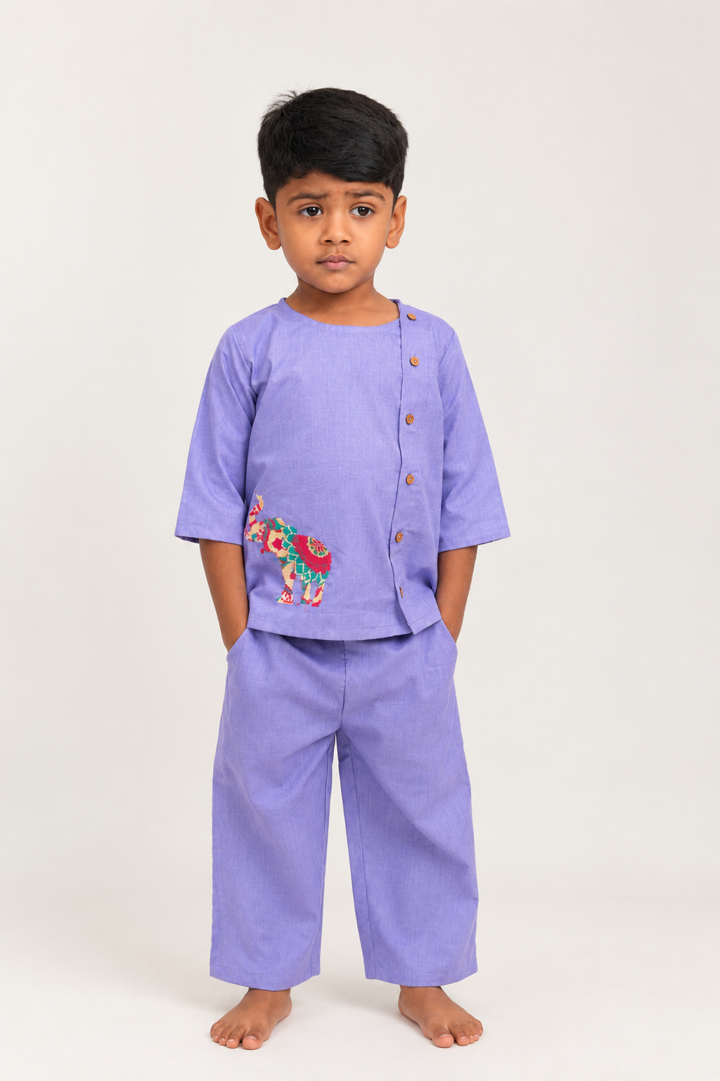 VIolet with Elephant Embroidered Boys Co-ords set