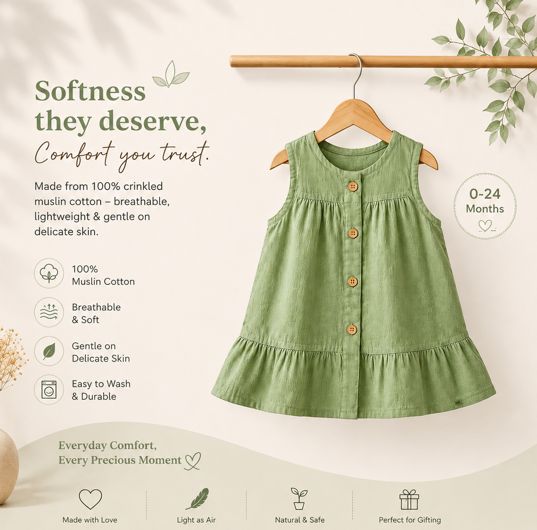 Sage Lily-Crinkled Muslin A-line Sleeveless Frock