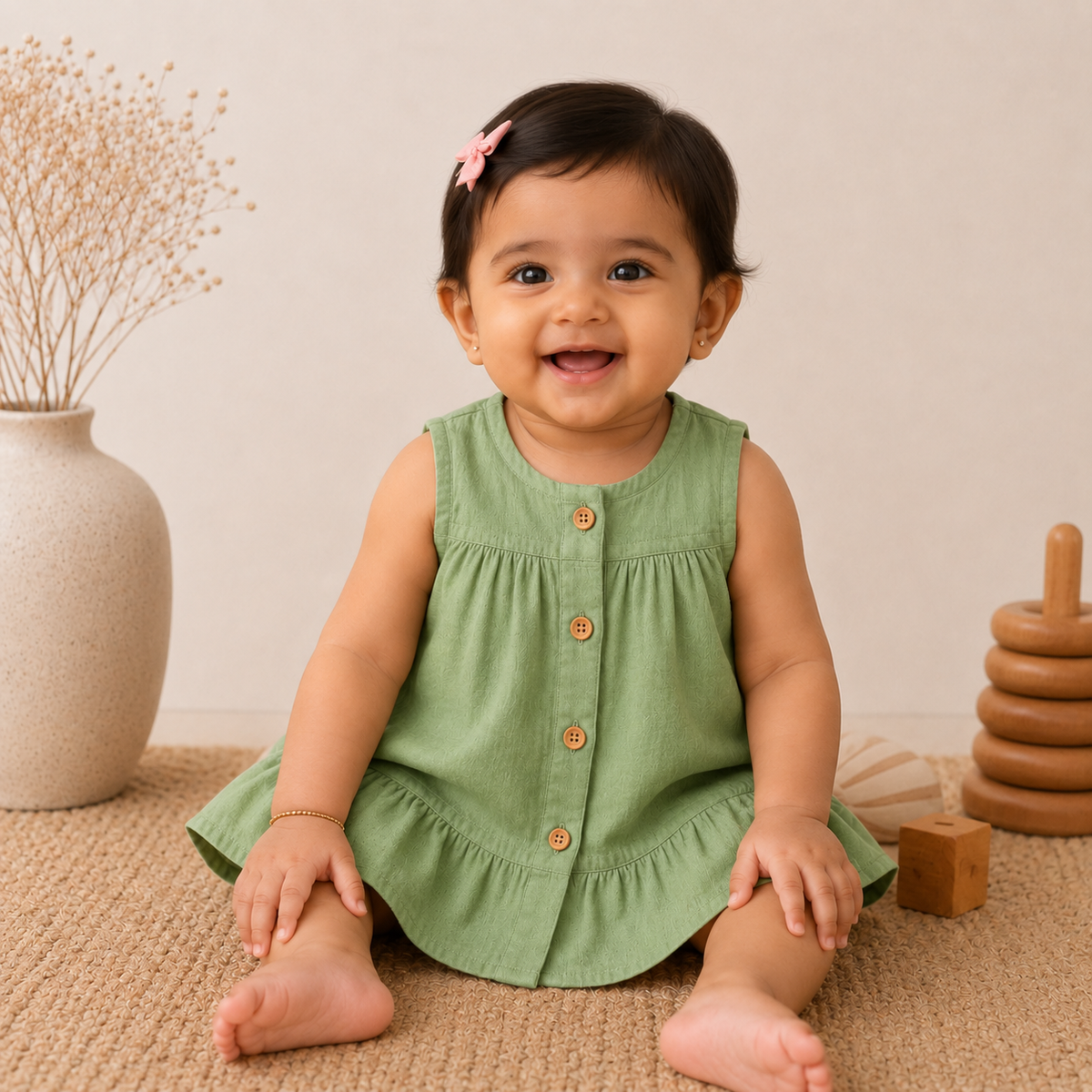 Sage Lily-Crinkled Muslin A-line Sleeveless Frock