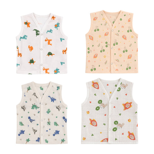 Wildlings Sleeveless Front open Jabla | Pack of 4 | Assorted Prints | 100% Muslin Cotton | Newborn Baby Wear