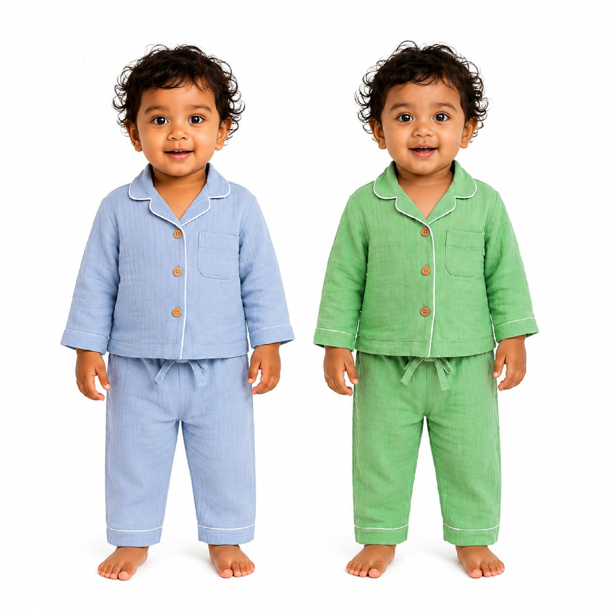 Dreamy Cubs - Blue & Green Crinkle Comfort Muslin Nightsuit Set | Pack of 2 | Unisex