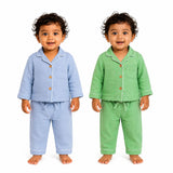 Dreamy Cubs - Blue & Green Crinkle Comfort Muslin Nightsuit Set | Pack of 2 | Unisex