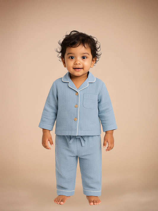 Blue Crinkle Muslin Nightsuit | Unisex