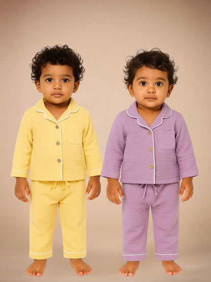 Set of 2 Lilac& Yellow Crinkle Muslin Nightsuit | Unisex