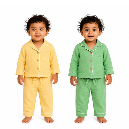 Dreamy Cubs - Yellow & Green Crinkle Comfort Muslin Nightsuit Set | Pack of 2 | Unisex