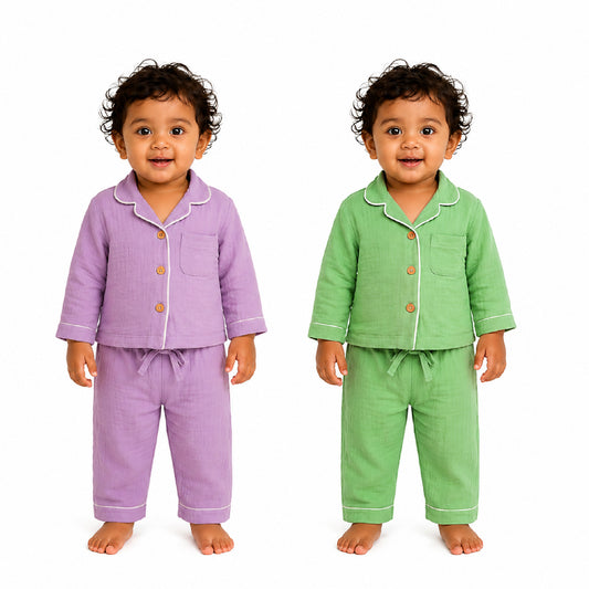 Dreamy Cubs - Lilac & Green Crinkle Comfort Muslin Nightsuit Set | Pack of 2 | Unisex