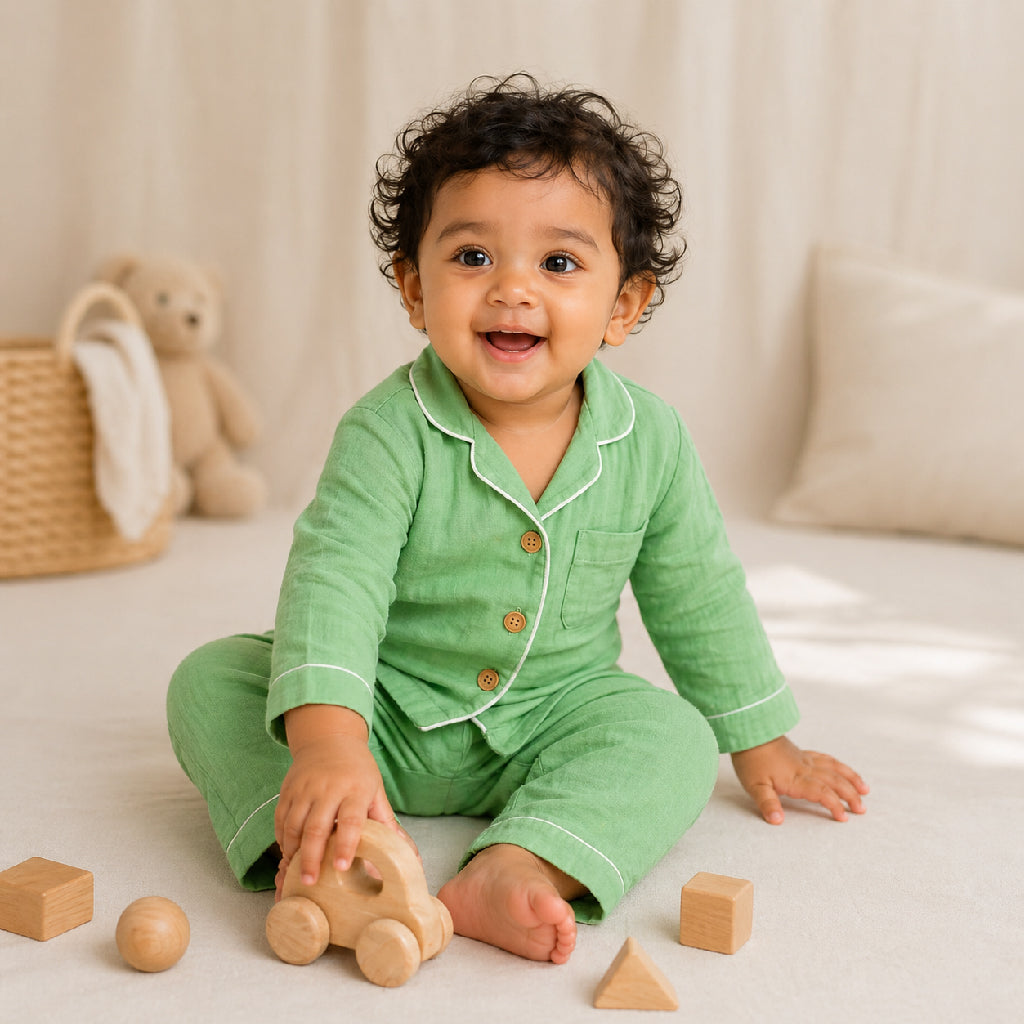 Green Crinkle Muslin Nightsuit | Unisex