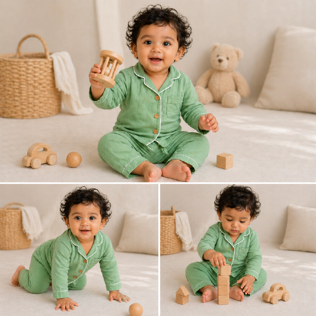 Green Crinkle Muslin Nightsuit | Unisex