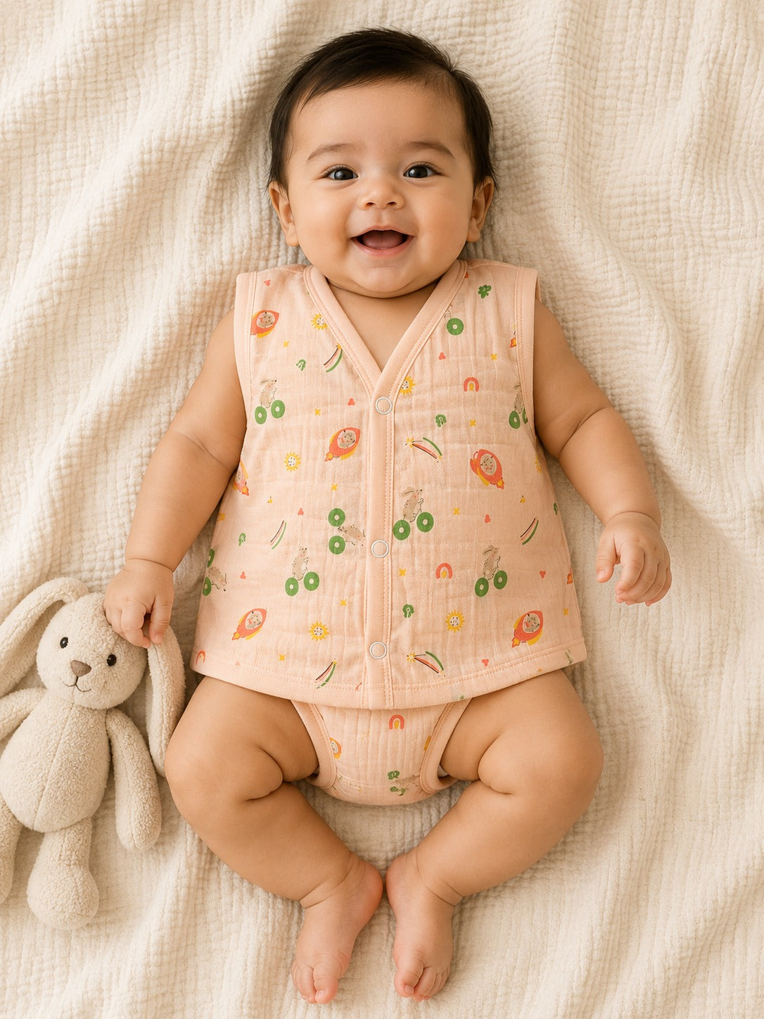 Wildlings Sleeveless Front open Jabla | Pack of 4 | Assorted Prints | 100% Muslin Cotton | Newborn Baby Wear
