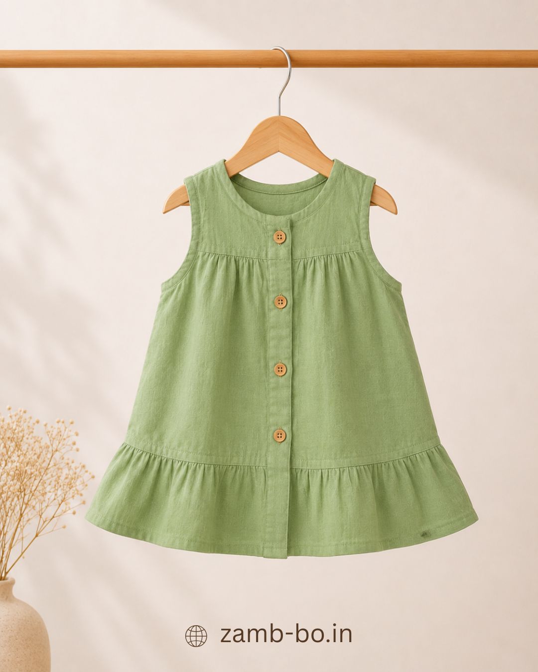 Sage Lily-Crinkled Muslin A-line Sleeveless Frock