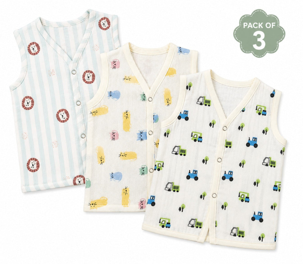 MUSLIN JABLA| PACK OF 3| PRINTED|FRONT OPEN | SLEEVELESS JABLA