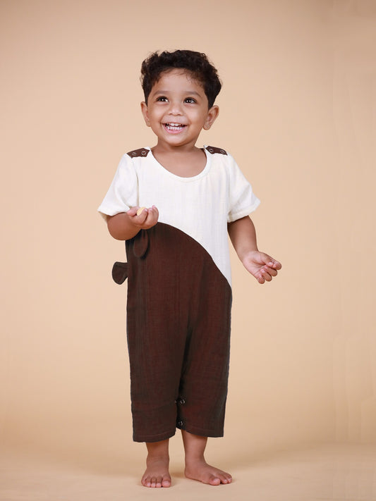 Gentle Cub- Brown Muslin Baby Romper | Half Sleeveless Soft Cotton Wear
