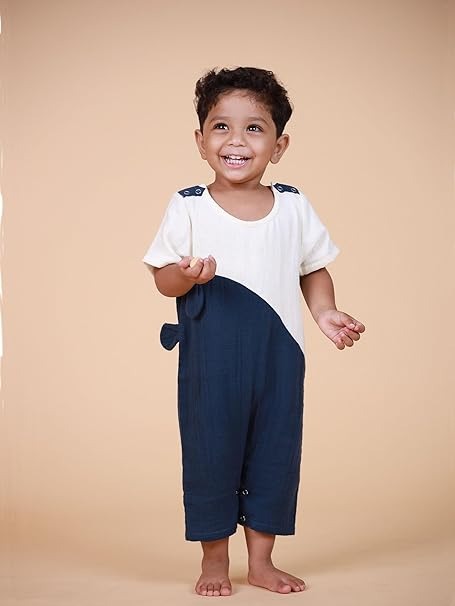 Gentle Cub- Blue Muslin Baby Romper | Half Sleeveless Soft Cotton Wear