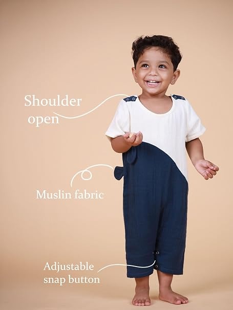 Gentle Cub- Blue Muslin Baby Romper | Half Sleeveless Soft Cotton Wear