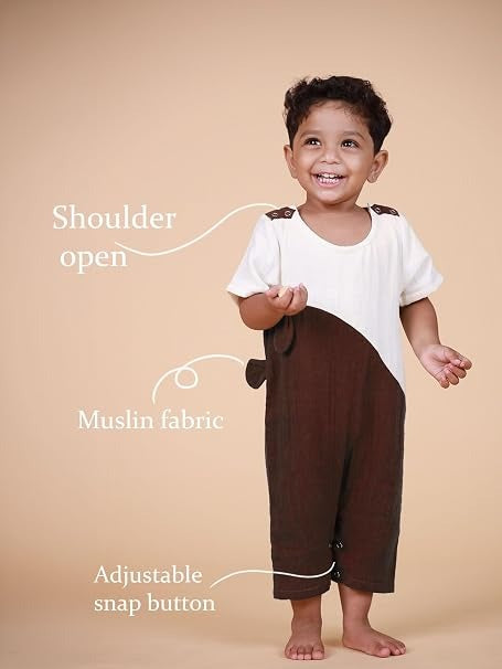 Gentle Cub- Brown Muslin Baby Romper | Half Sleeveless Soft Cotton Wear