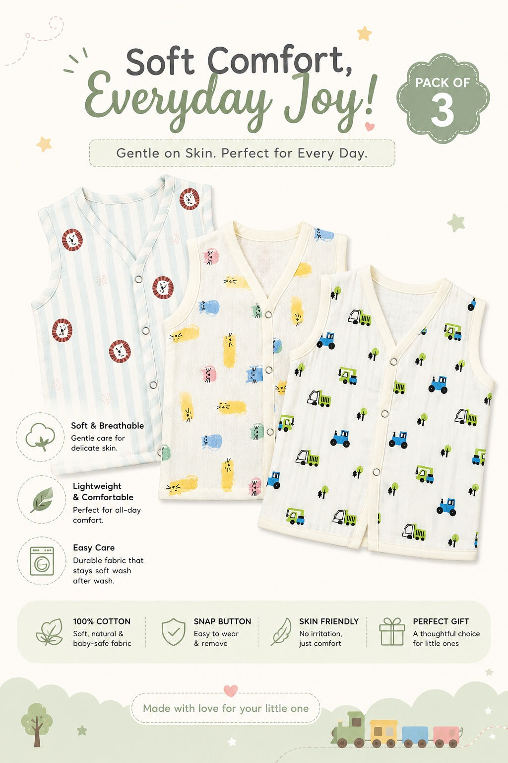 MUSLIN JABLA| PACK OF 3| PRINTED|FRONT OPEN | SLEEVELESS JABLA